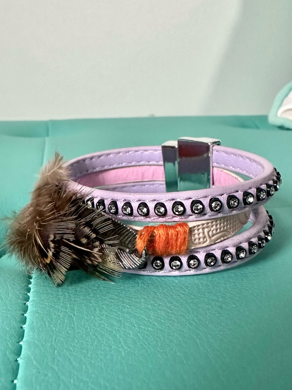 Boho Wrap Bracelet Feather Rhinestone Magnetic Cuff Lavender Purple